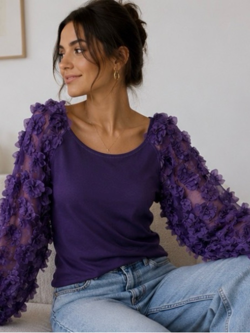 ELEGANT 3D PRINTED FLOWERED RUFFLE POOF LONG SLEEVE BLOUSE